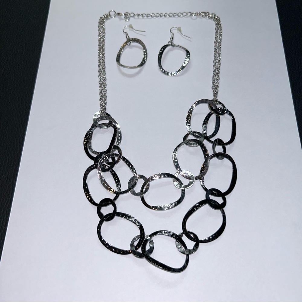 Silver double layer necklace and earring set
